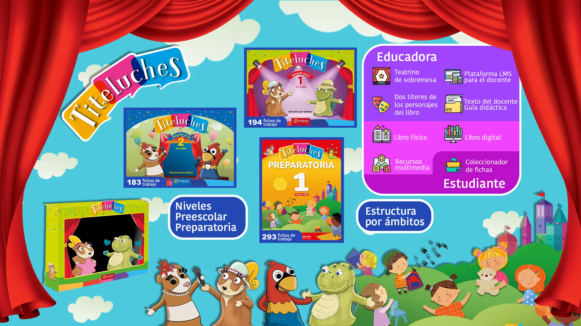 Libros, caja teatro y personajes de Titeluches